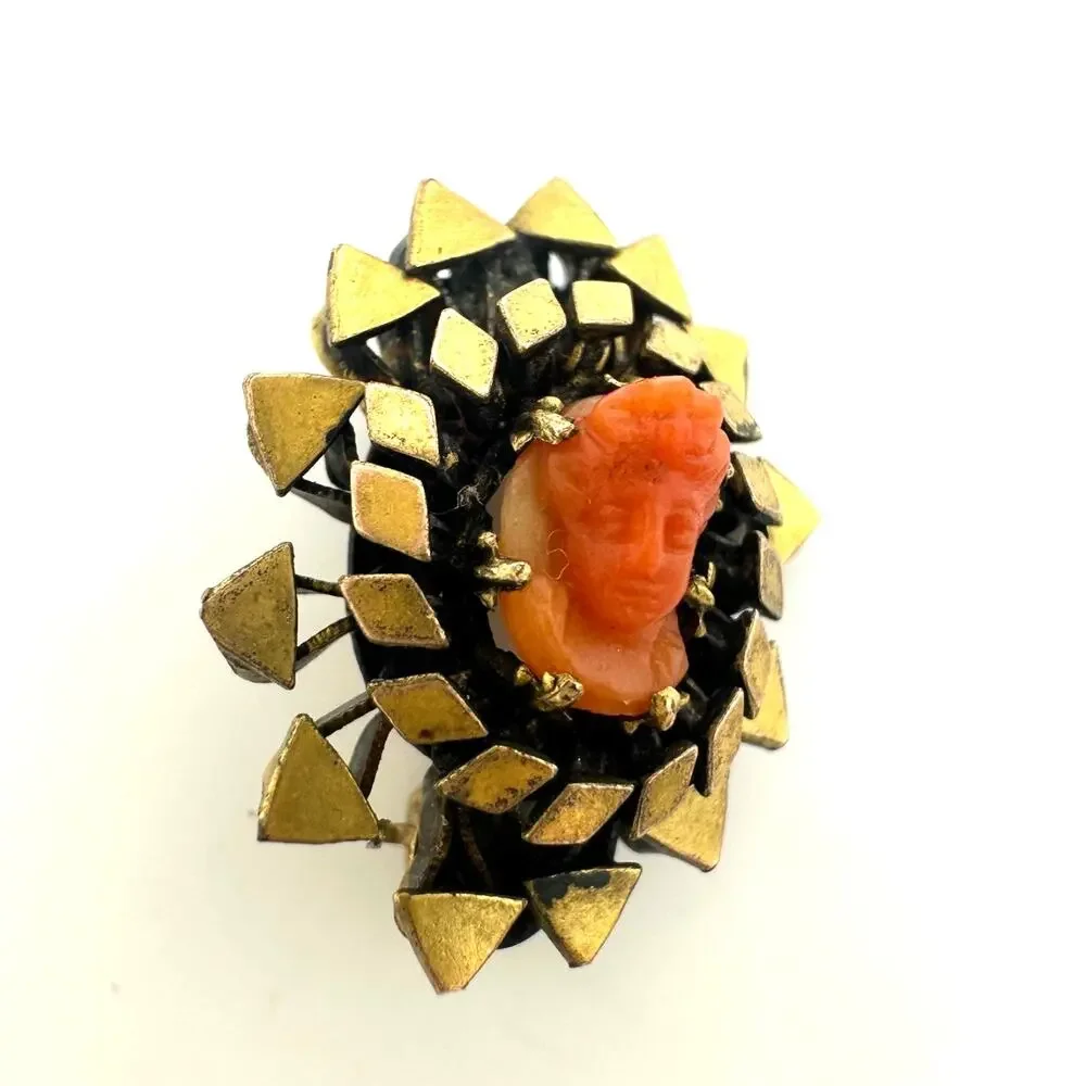 Antique Victorian 1800s gold filled carved red coral cameo dainty tiny brooch